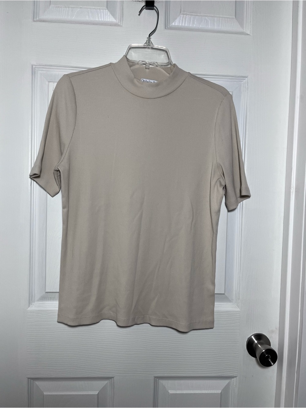 Ophelia Roe Women’s Short Sleeve Mock Neck Top in Light Taupe